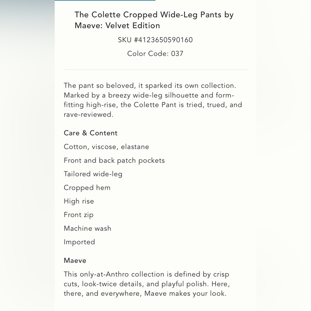 NWT Anthropologie The Colette Cropped Wide-Leg Pants by Maeve: Velvet Edition - Picture 6 of 6